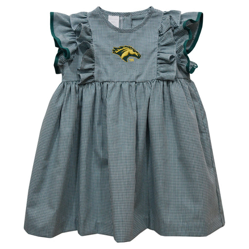 Cal Poly Pomona Broncos Embroidered Hunter Green Gingham Ruffle Dress