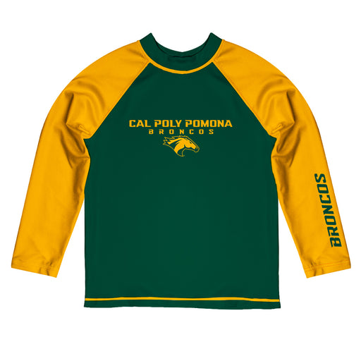 Cal Poly Pomona Broncos Vive La Fete Logo Green Gold Long Sleeve Raglan Rashguard