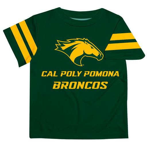 Cal Poly Pomona Broncos Vive La Fete Boys Game Day Green Short Sleeve Tee with Stripes on Sleeves
