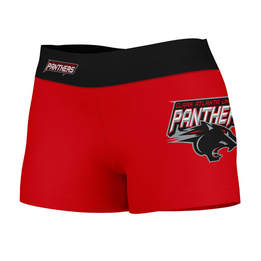 Clark Atlanta Panthers Vive La Fete Logo on Thigh & Waistband Red Black Women Yoga Booty Workout Shorts 3.75 Inseam