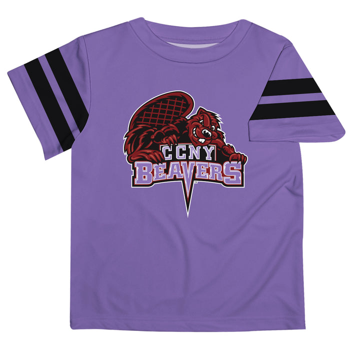 City College of New York Beavers Vive La Fete Boys Game Day Purple Short Sleeve Tee with Stripes on Sleeves