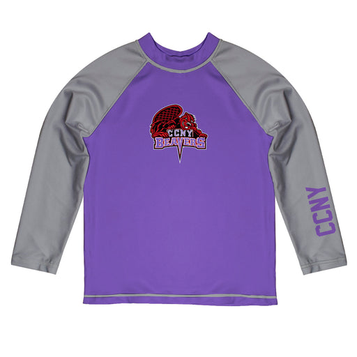 City College of New York Beavers Vive La Fete Logo Purple Gray Long Sleeve Raglan Rashguard