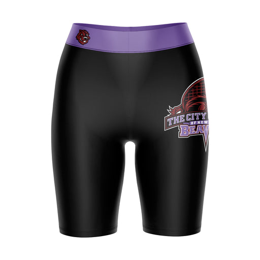 City College of New York Beavers Vive La Fete Logo on Thigh and Waistband Black and Purple Women Bike Short 9 Inseam