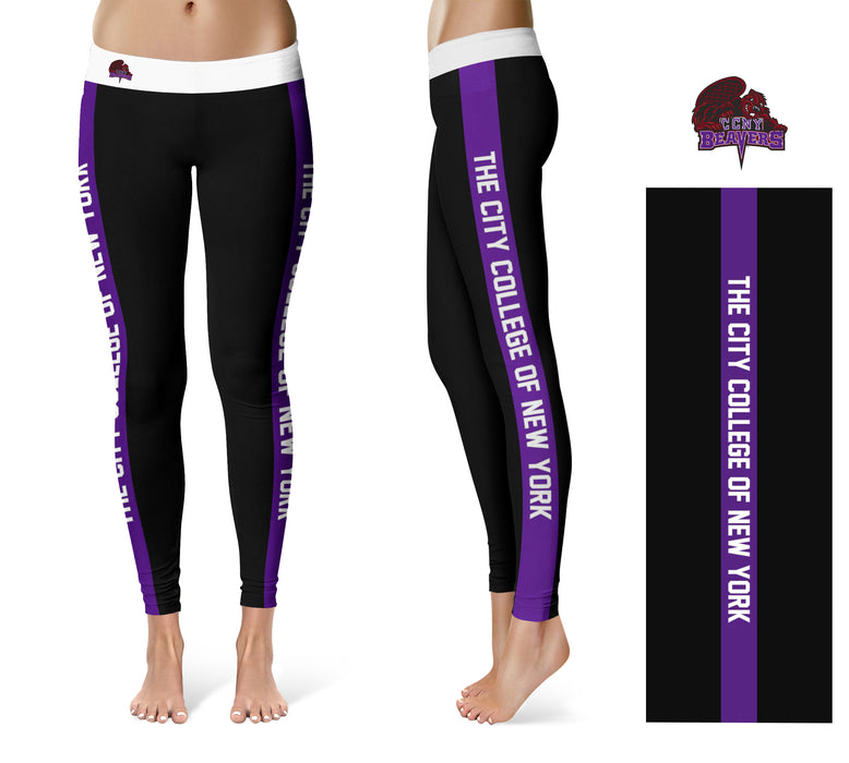 City College of New York CCNY Beavers Vive La Fete Collegiate Purple Stripes Women Black Yoga Leggings 2 Waist Tights - Vive La Fête - Online Apparel Store