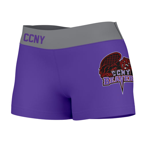 CCNY Beavers Vive La Fete Logo on Thigh & Waistband Purple Gray Women Yoga Booty Workout Shorts 3.75 Inseam