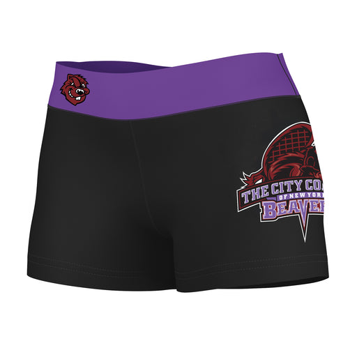 City College of New York Beavers Logo on Thigh & Waistband Black & Purple Women Yoga Booty Workout Shorts 3.75 Inseam
