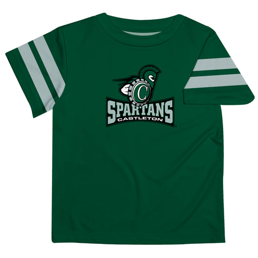 Castleton University Spartans Vive La Fete Boys Game Day Green Short Sleeve Tee with Stripes on Sleeves