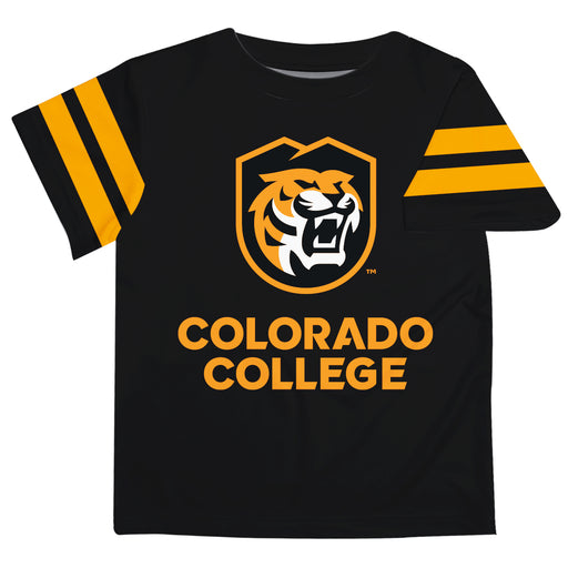 Colorado College Tigers Vive La Fete Boys GameDay Black Short Sleeve Tee with Stripes on Sleeves - Vive La Fête - Online Apparel Store