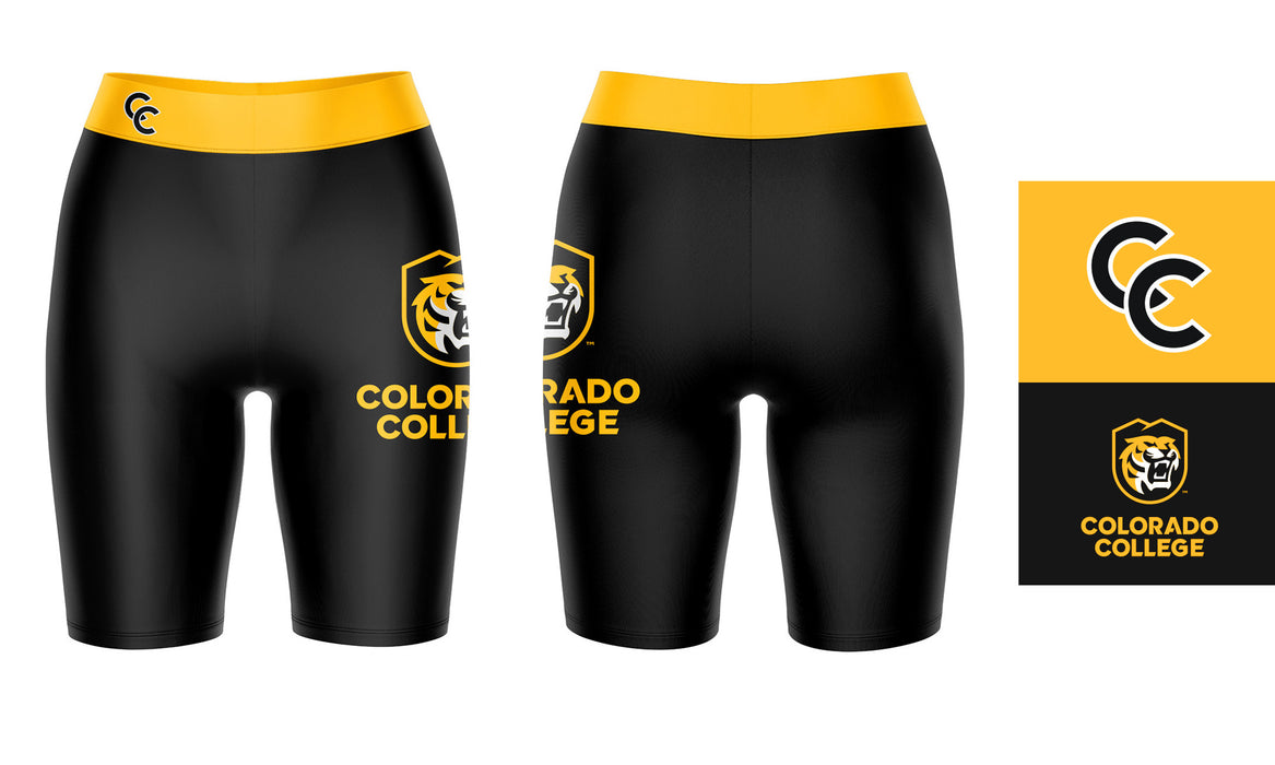 Colorado College Tigers Vive La Fete Game Day Logo on Thigh and Waistband Black and Gold Women Bike Short 9 Inseam" - Vive La Fête - Online Apparel Store