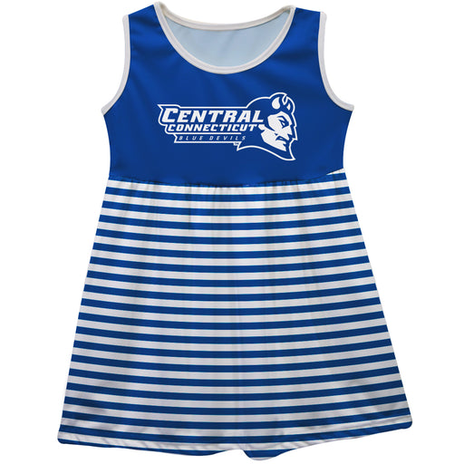 Central Connecticut State Blue Devils CCSU Girls Game Day Sleeveless Tank Dress Solid Blue Logo Stripes on Skirt - Vive La Fête - Online Apparel Store