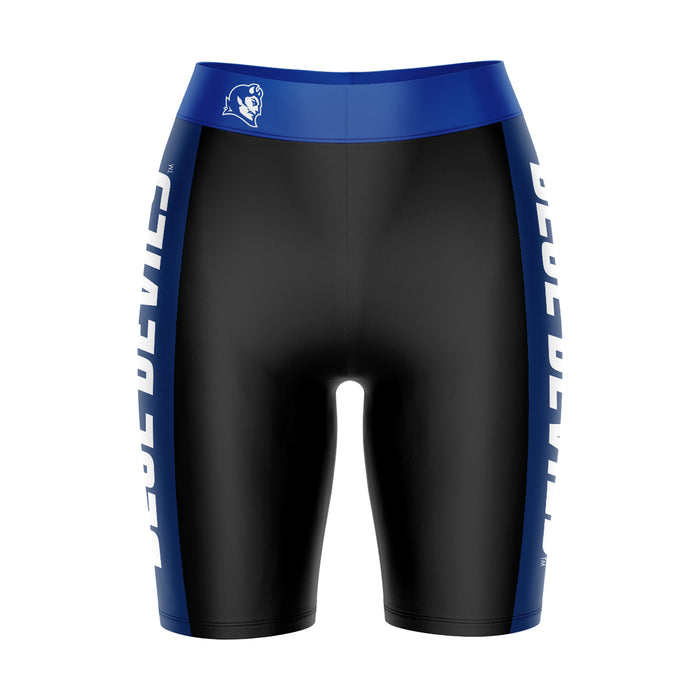 CCSU Blue Devils Vive La Fete Game Day Logo on Waistband and Blue Stripes Black Women Bike Short 9 Inseam