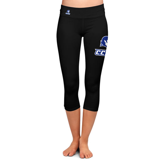 CCSU Blue Devils Vive La Fete Game Day Collegiate Large Logo on Thigh and Waist Girls Black Capri Leggings