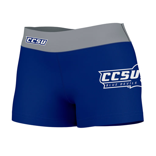 CCSU Blue Devils Vive La Fete Logo on Thigh & Waistband Blue Gray Women Yoga Booty Workout Shorts 3.75 Inseam