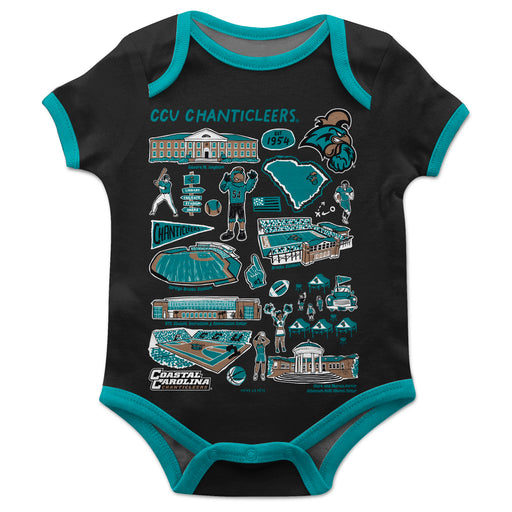 Coastal Carolina Chanticleers Hand Sketched Vive La Fete Impressions Artwork Infant Black Short Sleeve Onesie Bodysuit