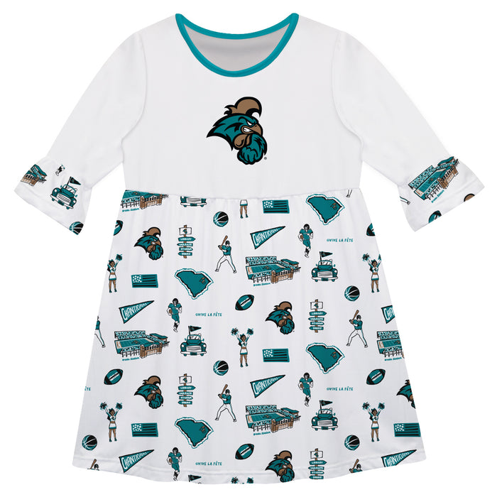 Coastal Carolina Chanticleers CCU 3/4 Sleeve Solid White Repeat Print Hand Sketched Vive La Fete Impressions Artwork on