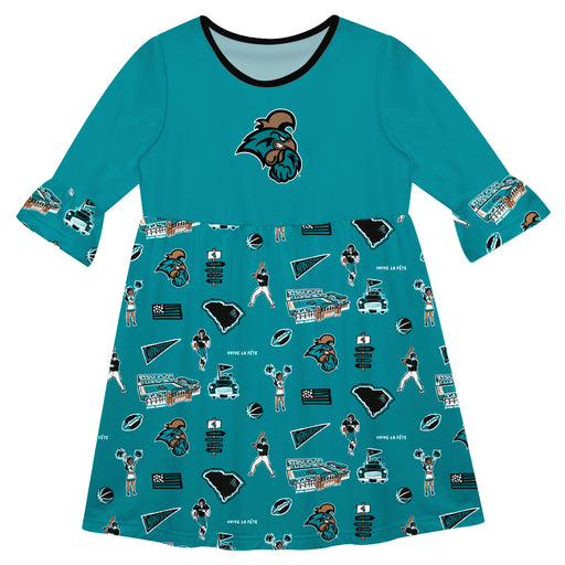 Coastal Carolina Chanticleers 3/4 Sleeve Solid Teal Repeat Print Hand Sketched Vive La Fete Impressions Artwork on Skirt