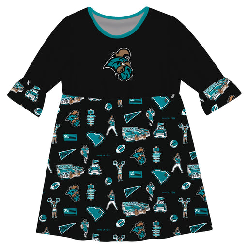 Coastal Carolina Chanticleers 3/4Sleeve Solid Black Repeat Print Hand Sketched Vive La Fete Impressions Artwork on Skirt