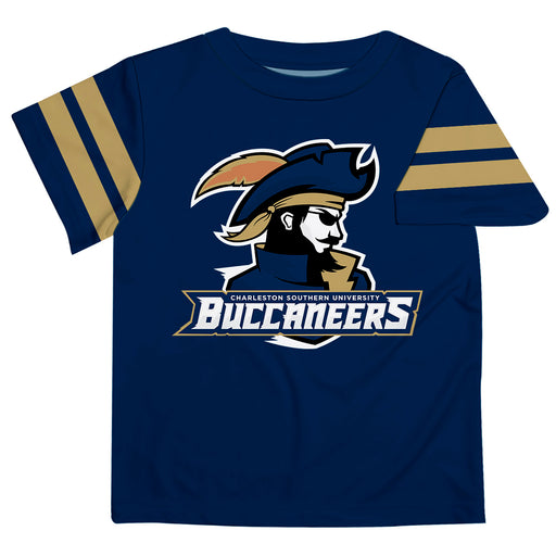 Charleston Southern Buccaneers Vive La Fete Boys Game Day Blue Short Sleeve Tee with Stripes on Sleeves