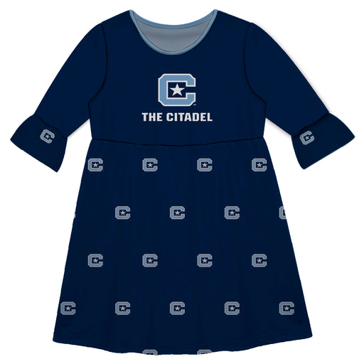 The Citadel Bulldogs Vive La Fete Girls Game Day 3/4 Sleeve Solid Blue All Over Logo on Skirt
