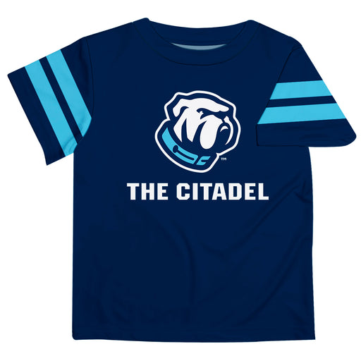 Citadel Bulldogs Vive La Fete Boys Game Day Blue Short Sleeve Tee with Stripes on Sleeves