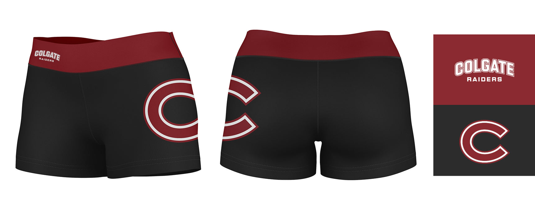 Colgate Raiders Vive La Fete Logo on Thigh and Waistband Black and Maroon Women Yoga Booty Workout Shorts 3.75 Inseam" - Vive La Fête - Online Apparel Store