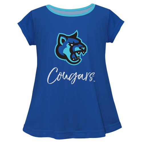 Cal State San Marcos Cougars Vive La Fete Girls Game Day Short Sleeve Blue Top with School Logo and Name