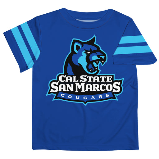 Cal State San Marcos Cougars Vive La Fete Boys Game Day Blue Short Sleeve Tee with Stripes on Sleeves