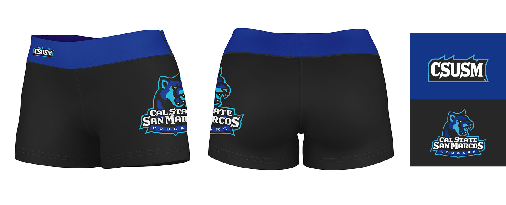Cal State San Marcos Cougars Logo on Thigh & Waistband Black & Blue Women Yoga Booty Workout Shorts 3.75 Inseam - Vive La Fête - Online Apparel Store