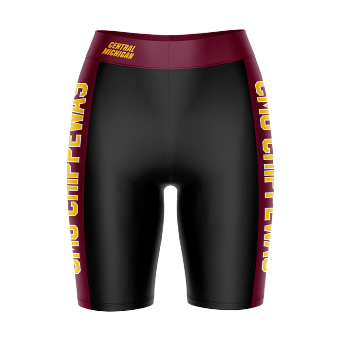 Central Michigan Chippewas Vive La Fete Game Day Logo on Waistband and Maroon Stripes Black Women Bike Short 9 Inseam