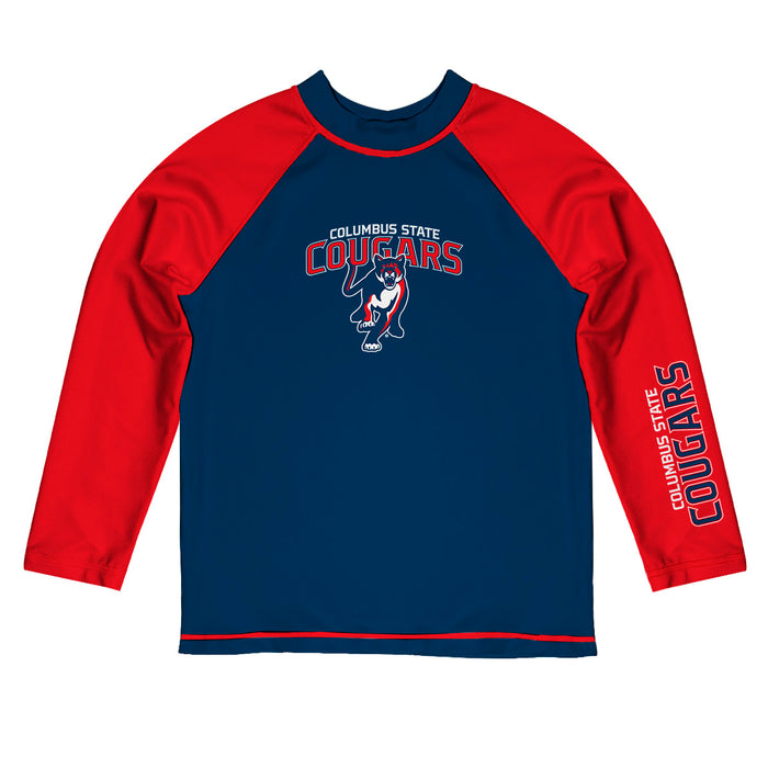 Columbus State Cougars Vive La Fete Logo Blue Red Long Sleeve Raglan Rashguard