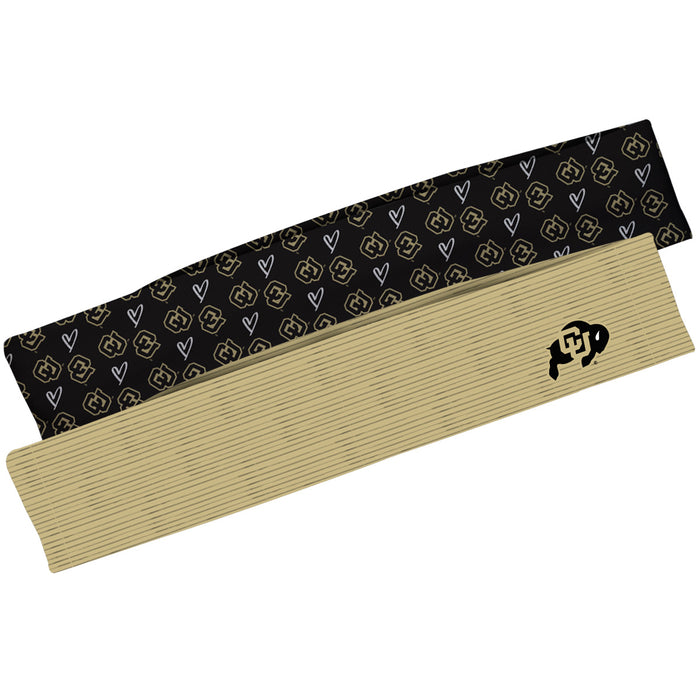 Colorado Buffaloes CU Vive La Fete Girls Women Game Day Set of 2 Stretch Headbands Repeat Logo Black and Logo Gold