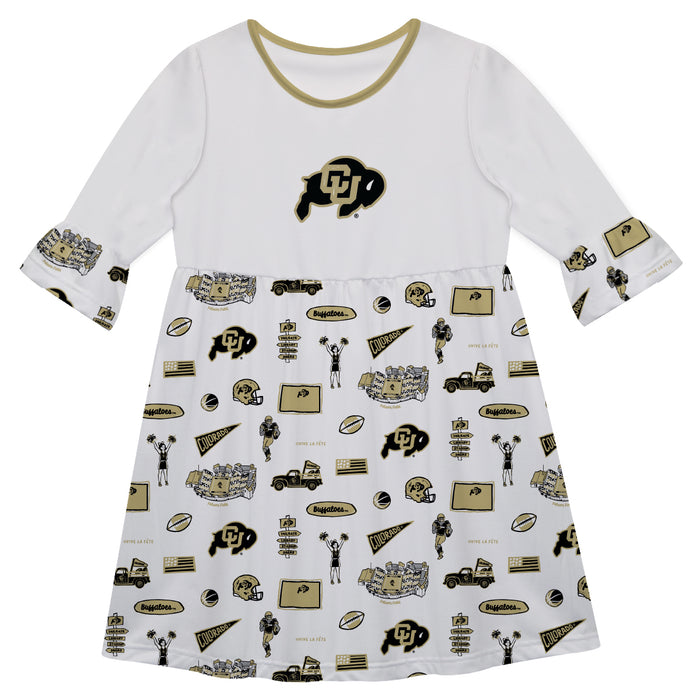 Colorado Buffaloes CU 3/4 Sleeve Solid White Repeat Print Hand Sketched Vive La Fete Impressions Artwork on Skirt