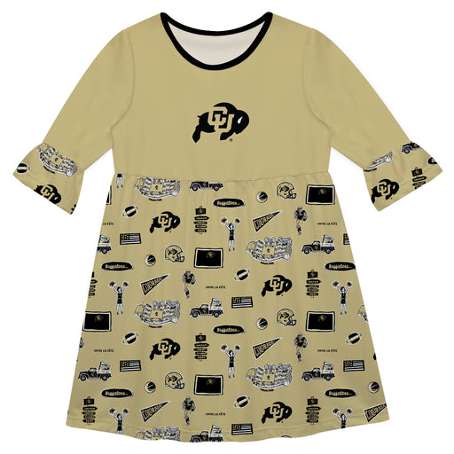 Colorado Buffaloes CU 3/4 Sleeve Solid Gold Repeat Print Hand Sketched Vive La Fete Impressions Artwork on Skirt