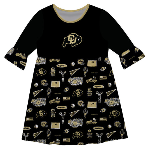 Colorado Buffaloes CU 3/4 Sleeve Solid Black Repeat Print Hand Sketched Vive La Fete Impressions Artwork on Skirt