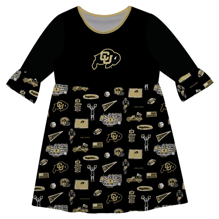 Colorado Buffaloes CU 3/4 Sleeve Solid Black Repeat Print Hand Sketched Vive La Fete Impressions Artwork on Skirt