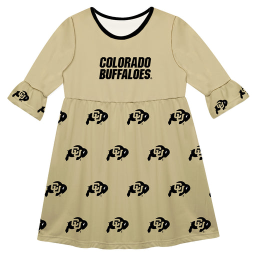 Colorado Buffaloes CU Vive La Fete Girls Game Day 3/4 Sleeve Solid Gold All Over Logo on Skirt
