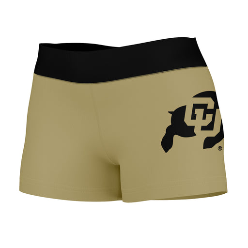 Colorado Buffaloes CU Vive La Fete Logo on Thigh & Waistband Gold Black Women Yoga Booty Workout Shorts 3.75 Inseam