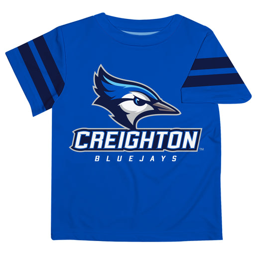 Creighton University Bluejays Vive La Fete Boys Game Day Blue Short Sleeve Tee with Stripes on Sleeves