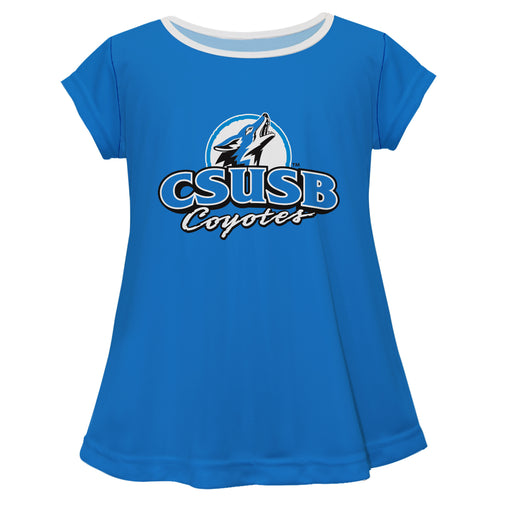Cal State San Bernardino Coyotes CSUSB Vive La Fete Girls Game Day Short Sleeve Blue Top with School Logo and Name