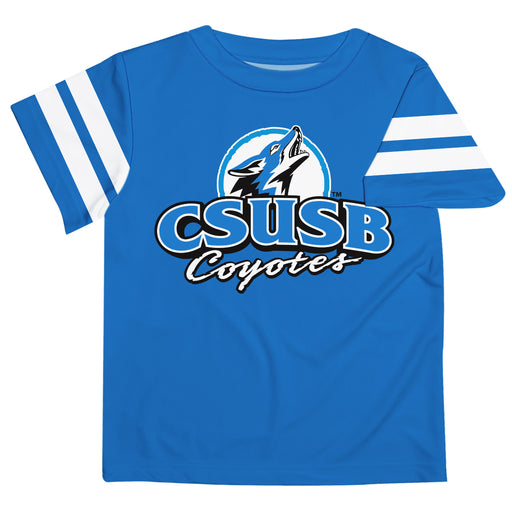 Cal State San Bernardino Coyotes CSUSB Vive La Fete Boys Game Day Blue Short Sleeve Tee with Stripes on Sleeves