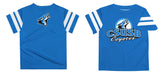 Cal State San Bernardino Coyotes CSUSB Vive La Fete Boys Game Day Blue Short Sleeve Tee with Stripes on Sleeves - Vive La Fête - Online Apparel Store