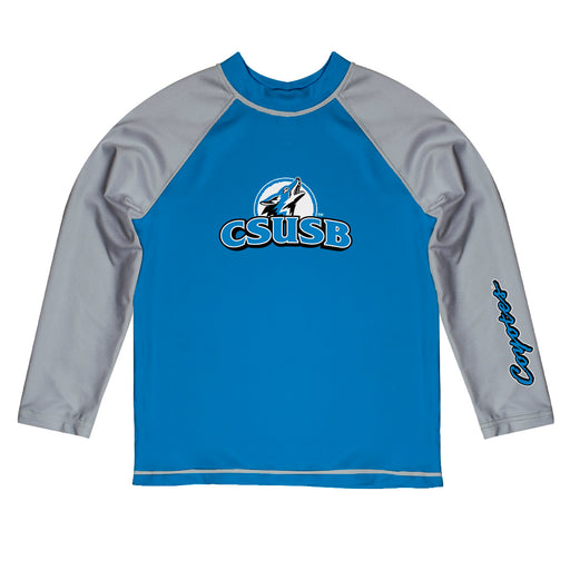 Cal State San Bernardino Coyotes CSUSB Vive La Fete Logo Blue Gray Long Sleeve Raglan Rashguard