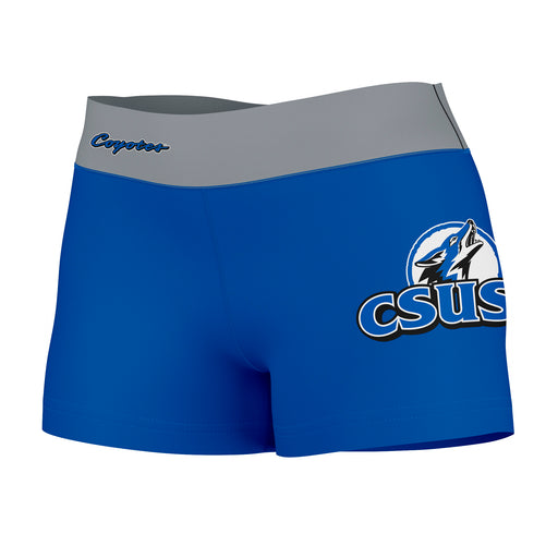 CSUSB Coyotes Vive La Fete Logo on Thigh & Waistband Blue Gray Women Yoga Booty Workout Shorts 3.75 Inseam