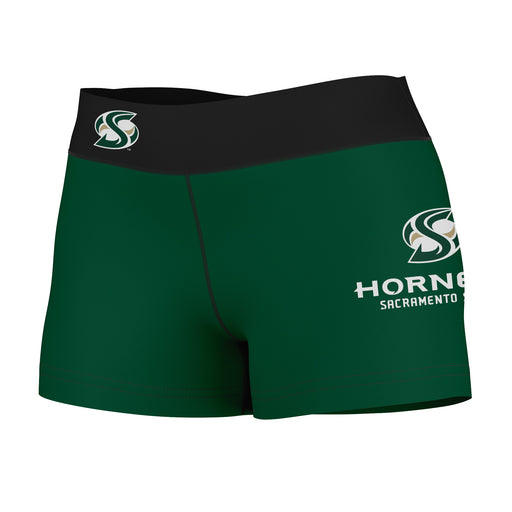 Sacramento State Hornets Vive La Fete Logo on Thigh & Waistband Green Black Women Yoga Booty Workout Shorts 3.75 Inseam