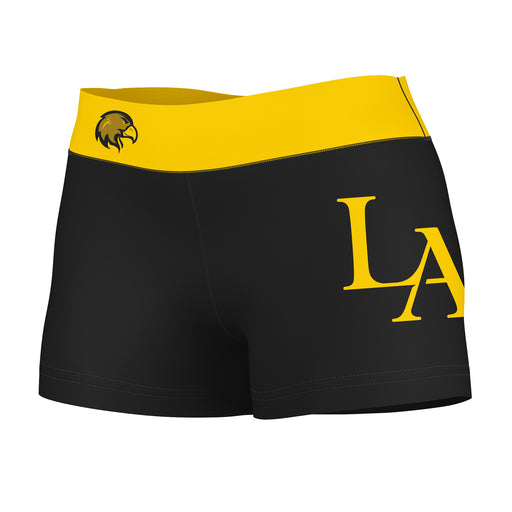 Cal State LA Golden Eagles Vive La Fete Logo on Thigh and Waistband Black & Gold Women Booty Workout Shorts 3.75 Inseam"