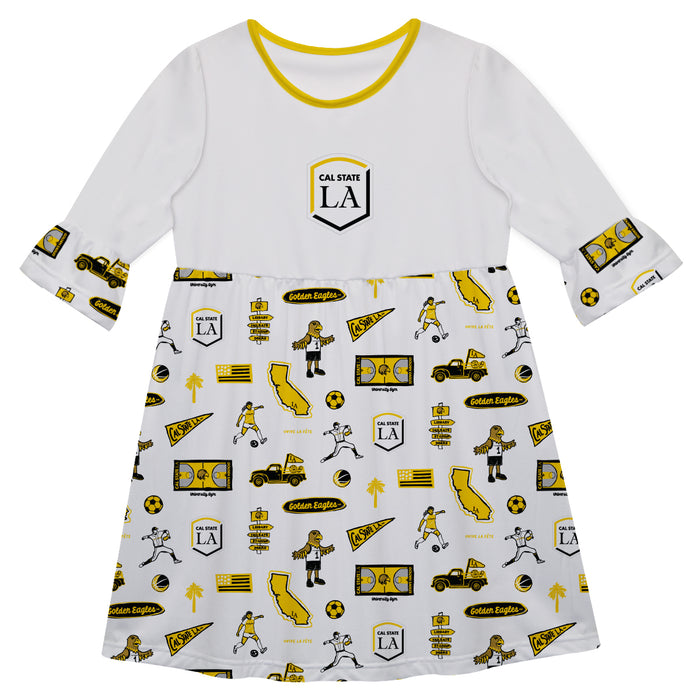 Cal State Los Angeles Golden Eagles 3/4 Sleeve Solid White Repeat Print Hand Sketched Vive La Fete Impressions Artwork o