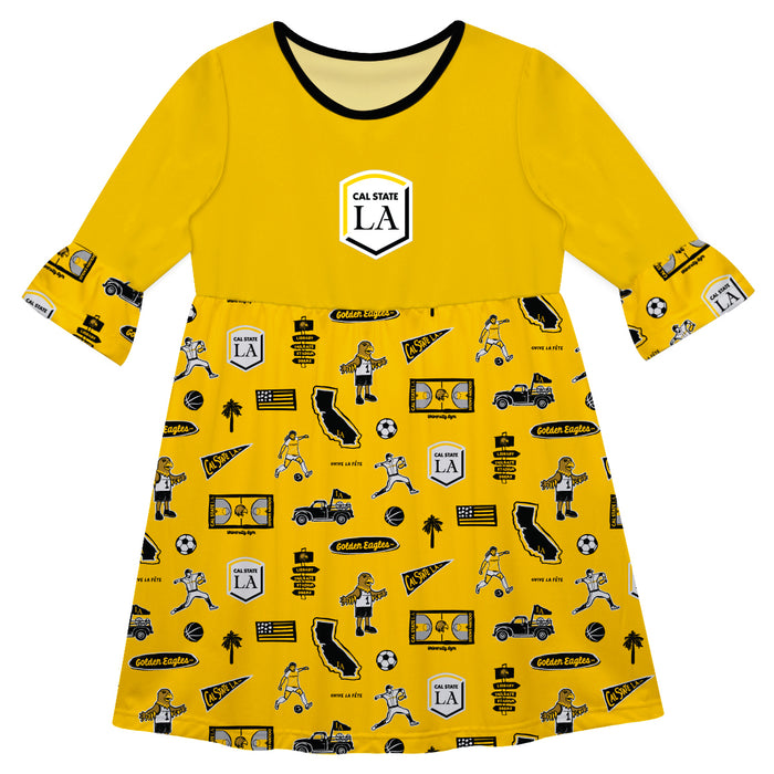 Cal State LA Golden Eagles 3/4 Sleeve Solid Gold Repeat Print Hand Sketched Vive La Fete Impressions Artwork on Skirt