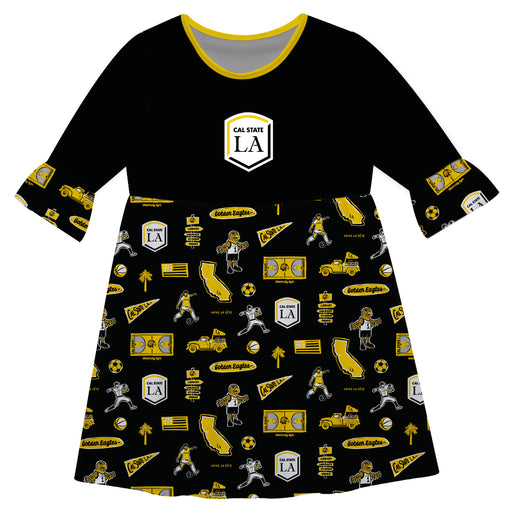 Cal State LA Golden Eagles 3/4 Sleeve Solid Black Repeat Print Hand Sketched Vive La Fete Impressions Artwork on Skirt