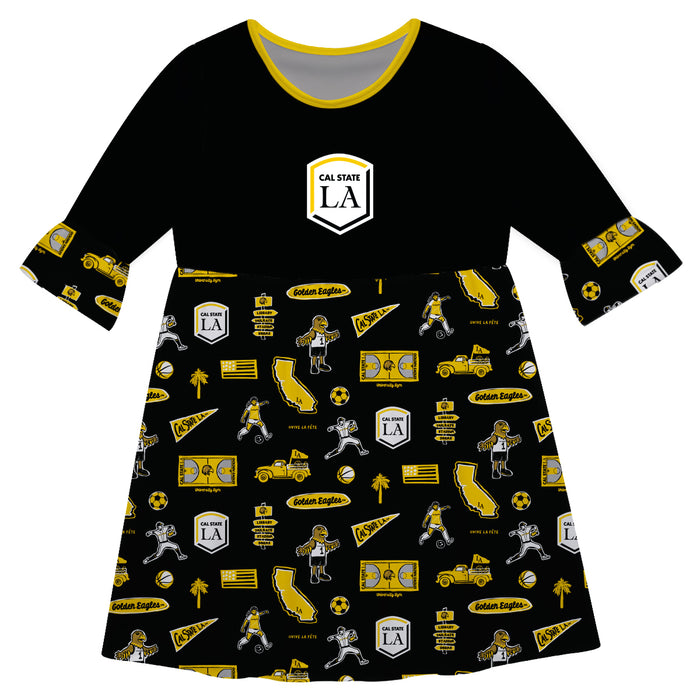 Cal State LA Golden Eagles 3/4 Sleeve Solid Black Repeat Print Hand Sketched Vive La Fete Impressions Artwork on Skirt