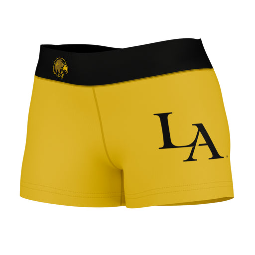 Cal State LA Golden Eagles Vive La Fete Logo on Thigh & Waistband Gold Black Women Yoga Booty Workout Shorts 3.75 Inseam